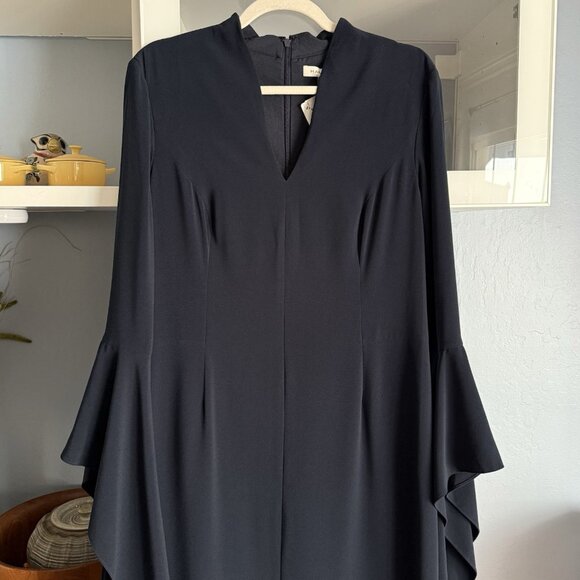 Halston Flounce Sleeve Crepe Gown Dress Maxi Navy Blue Size 14 Retail $425 - Picture 5 of 11